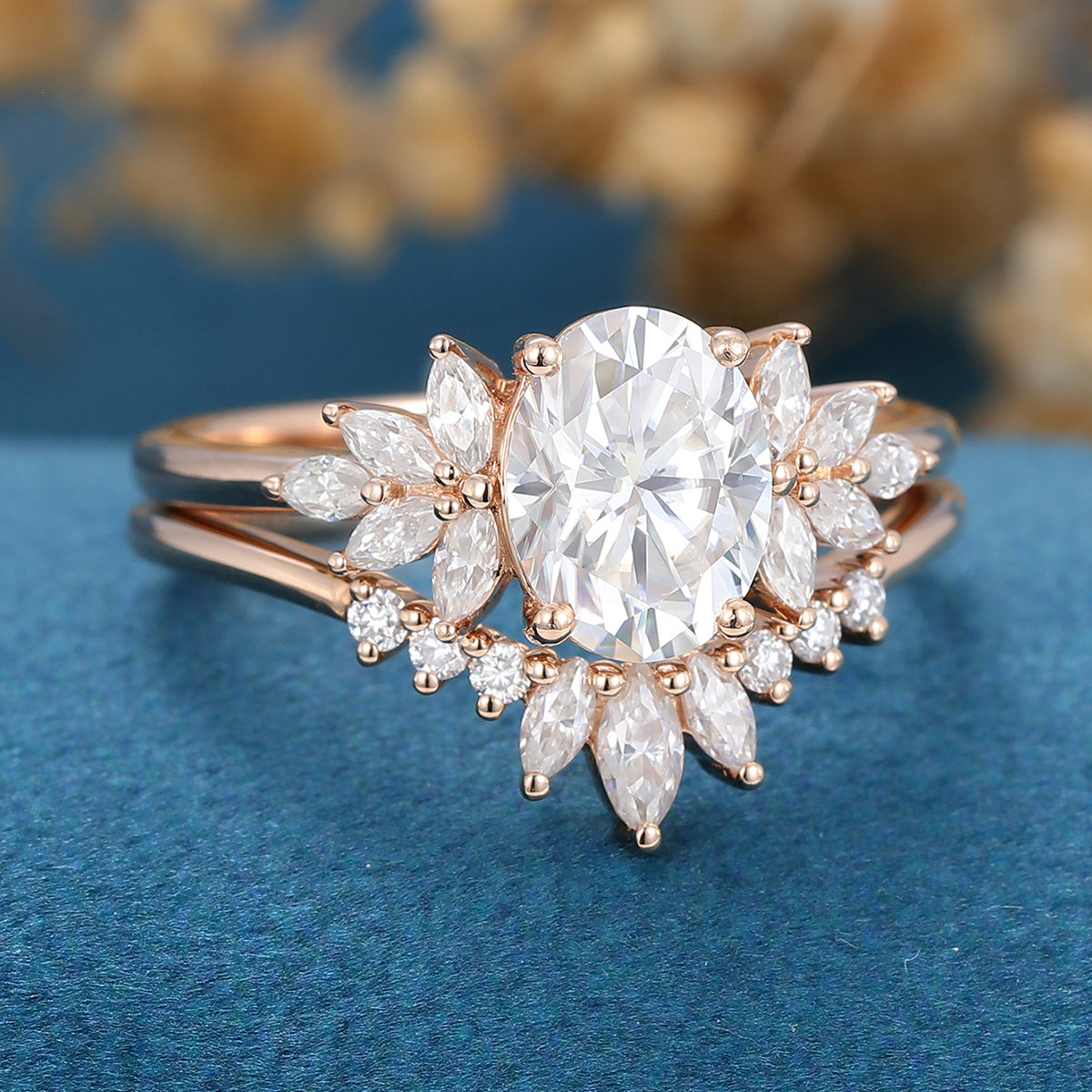 Oval cut Moissanite Engagement ring Bridal Set 