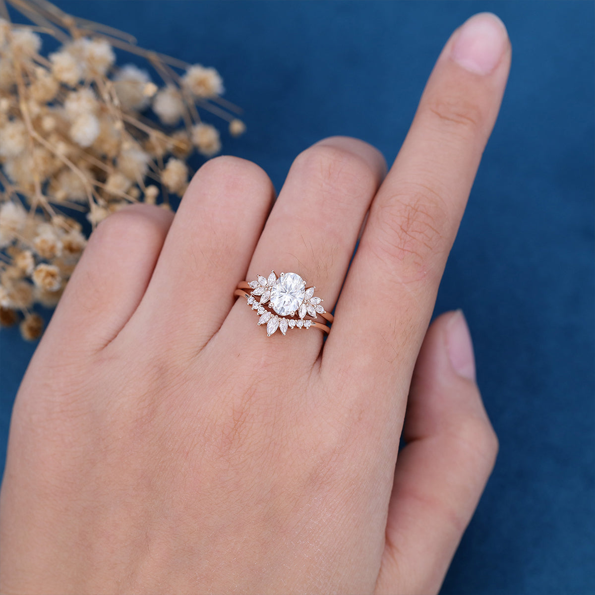 Oval cut Moissanite Engagement ring Bridal Set 