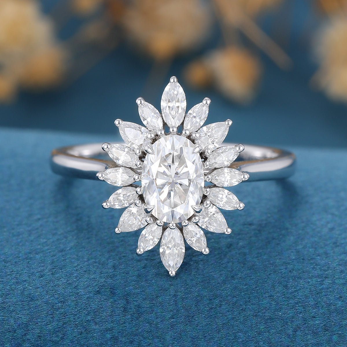 1 Carat Oval cut Moissanite Halo Cluster Engagement Ring 