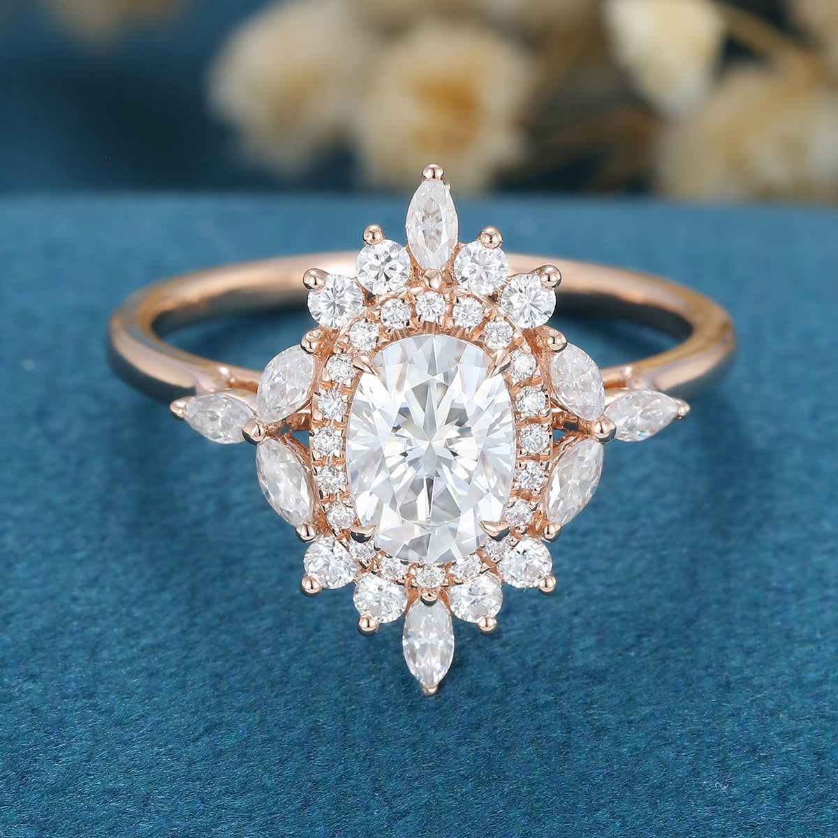 Vintage Oval cut Moissanite Halo Engagement Ring for Women 