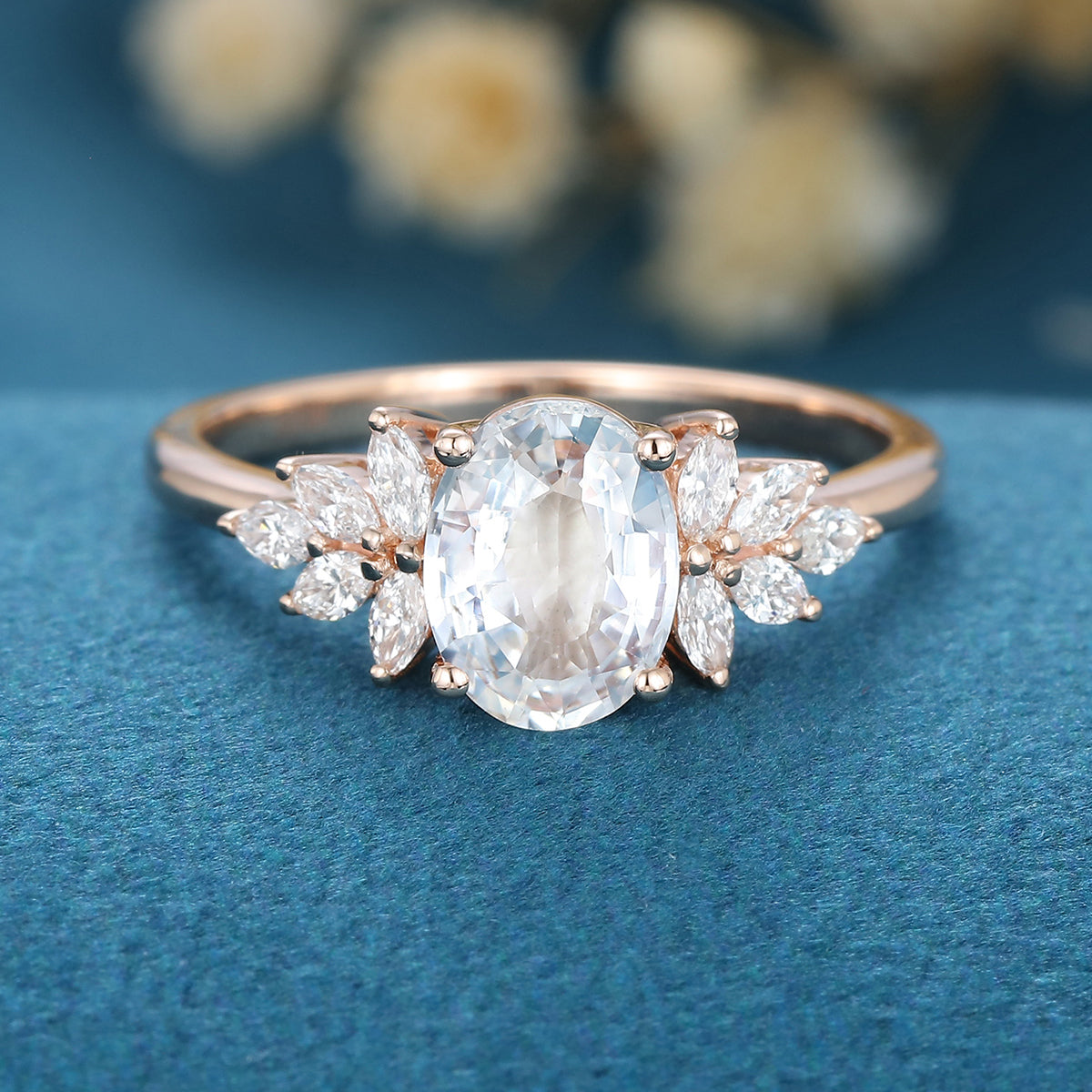 Oval cut White Sapphire  Cluster Engagement Ring 