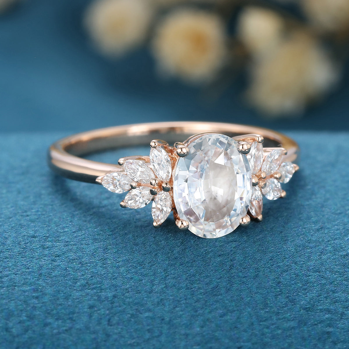 Oval cut White Sapphire  Cluster Engagement Ring 