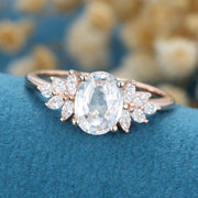 Oval cut White Sapphire  Cluster Engagement Ring 