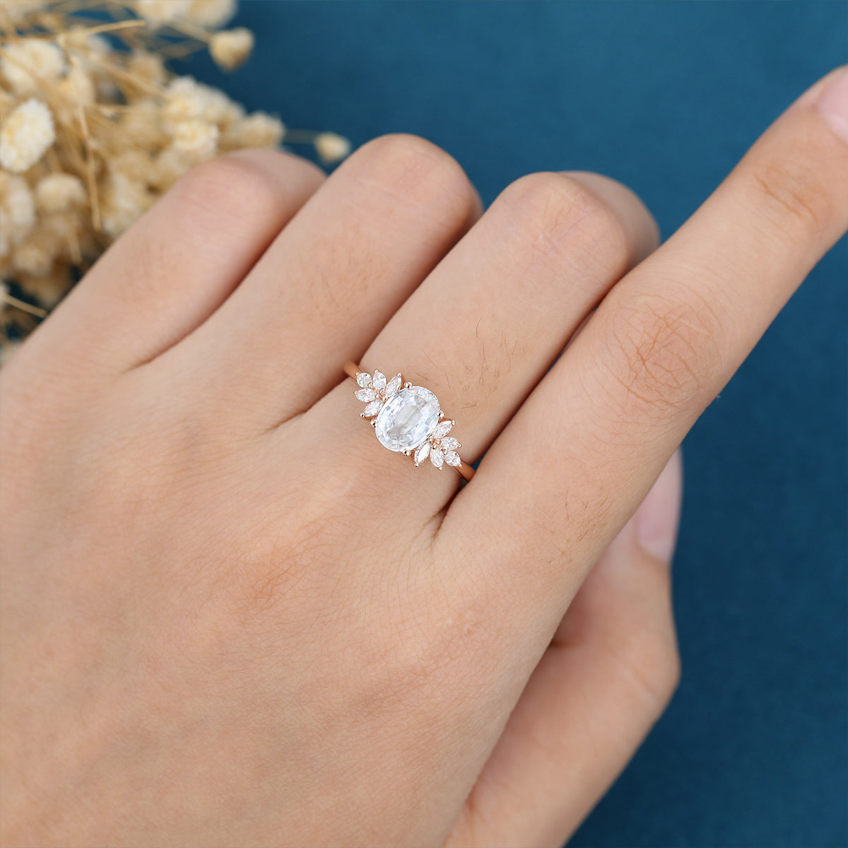 Oval cut White Sapphire  Cluster Engagement Ring 