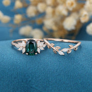 Oval Blue-Green Sapphire Cluster Engagement ring Bridal Set 