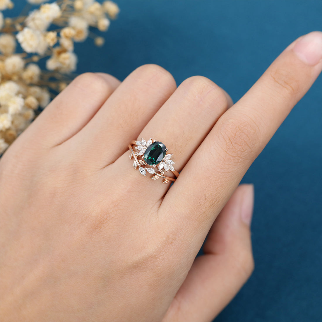 Oval Blue-Green Sapphire Cluster Engagement ring Bridal Set