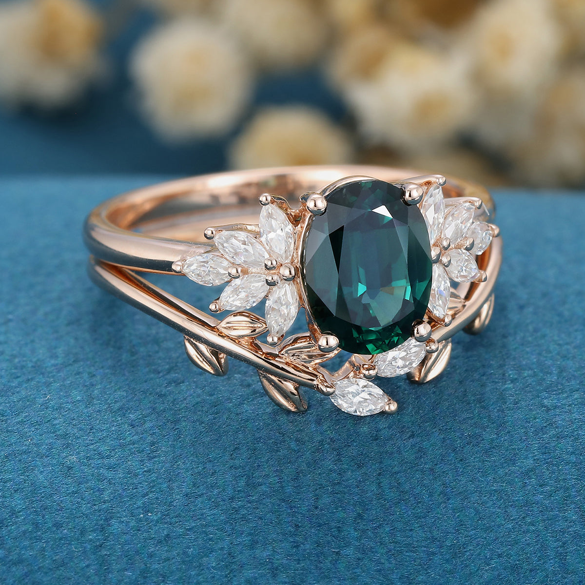 Oval Blue-Green Sapphire Cluster Engagement ring Bridal Set 