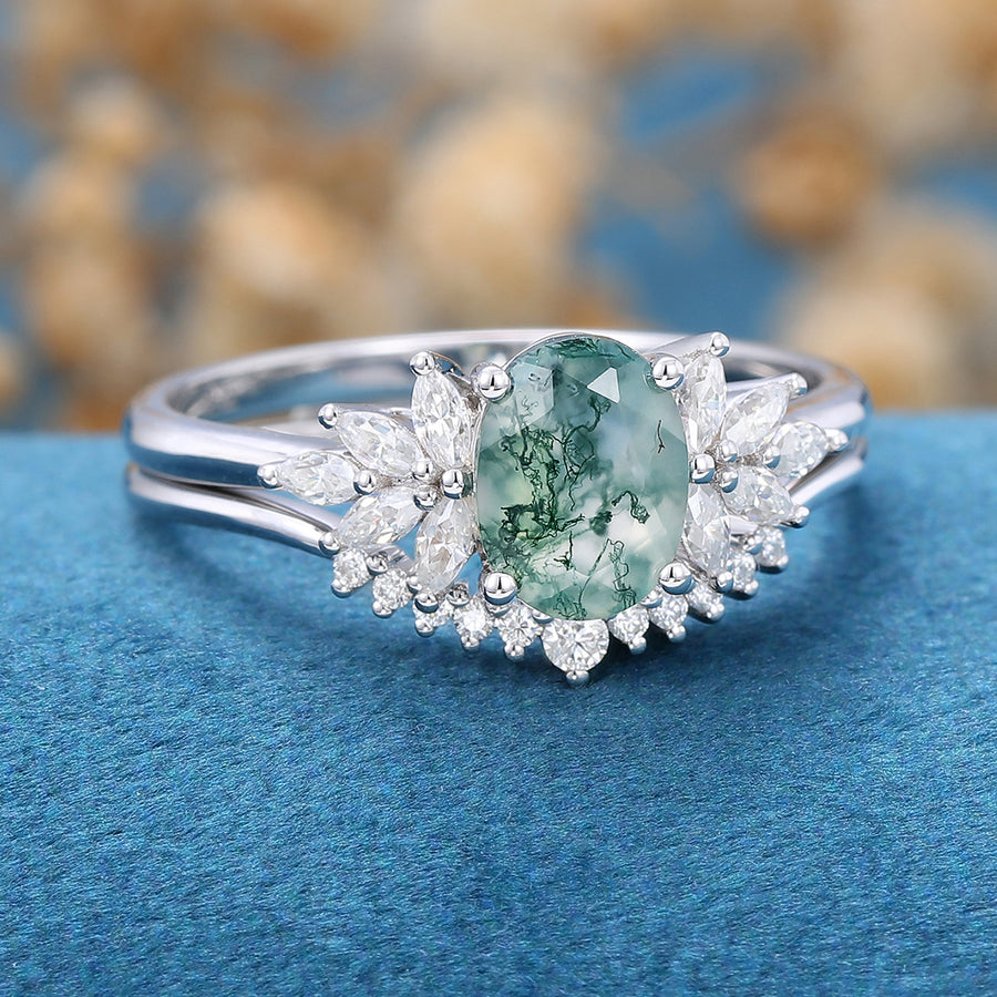 Natural Green Moss Agate Oval cut Cluster Engagement ring Bridal Sets 