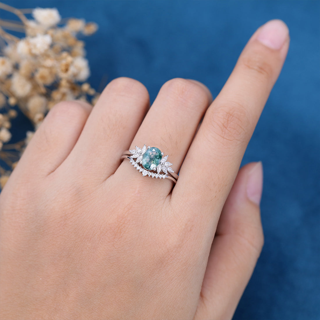 Natural Green Moss Agate Oval cut Cluster Engagement ring Bridal Sets