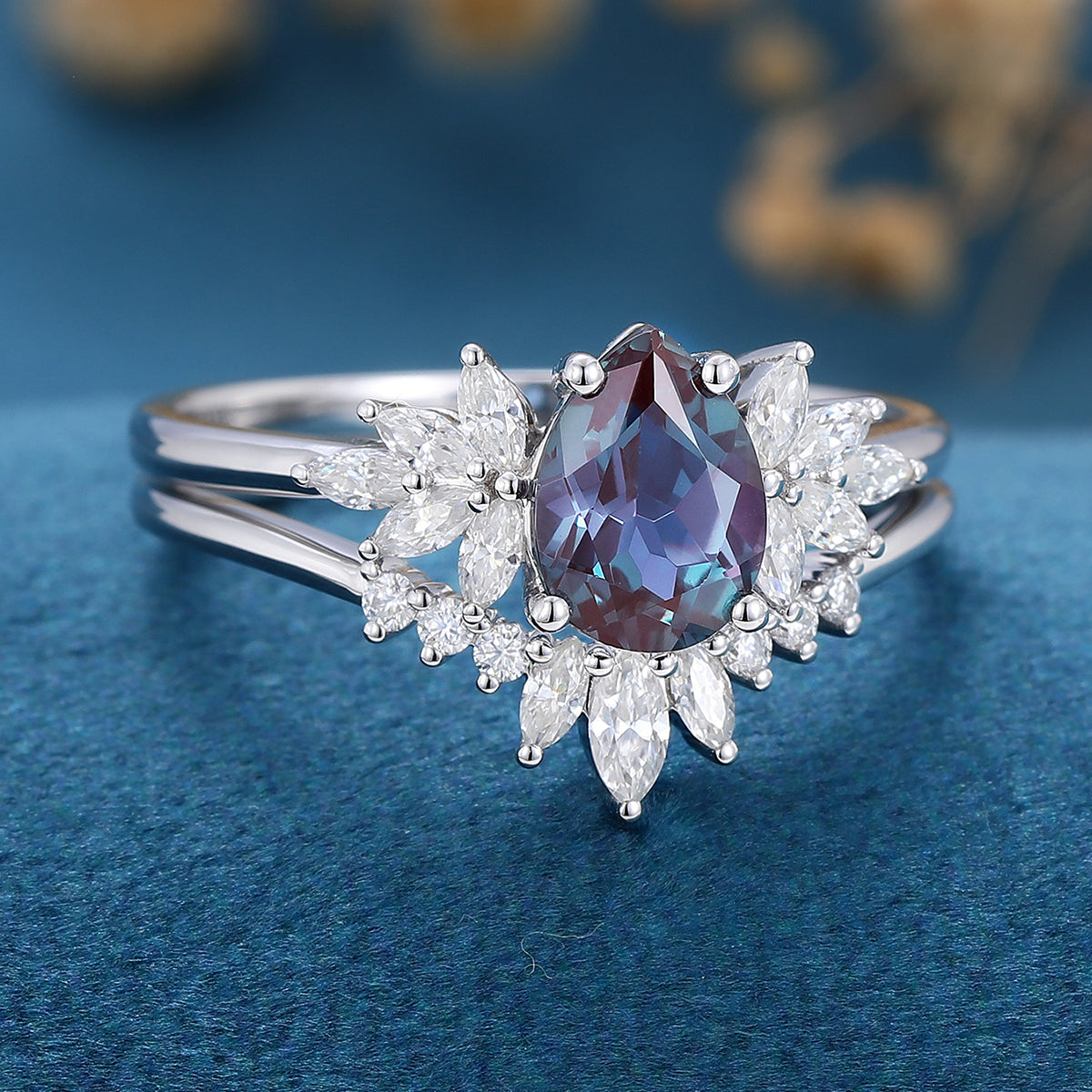 Pear Cut Alexandrite Engagement ring Bridal Set 