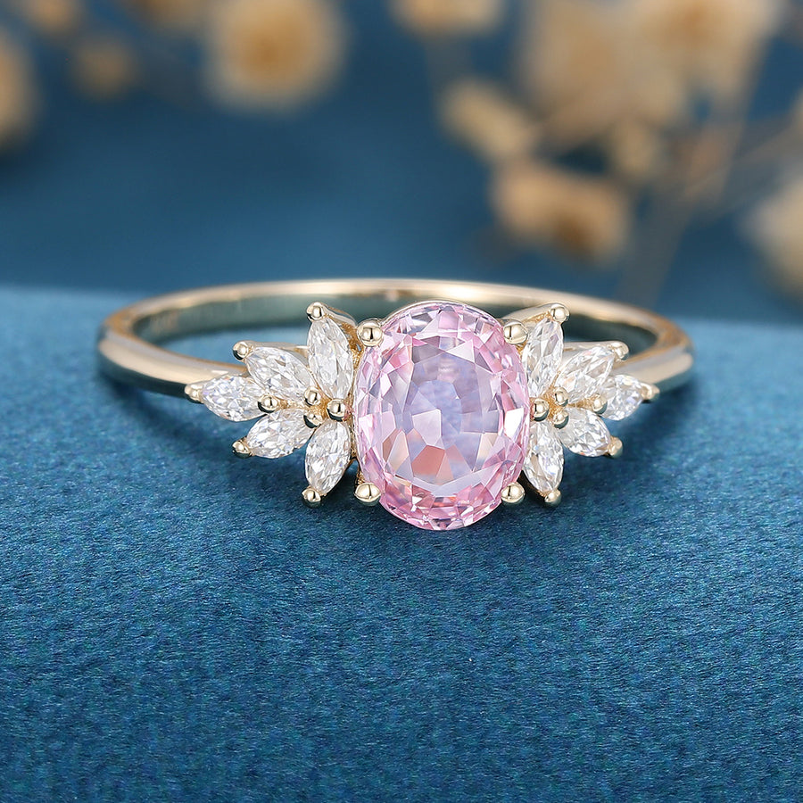 Oval cut Pink Sapphire Cluster Engagement ring 