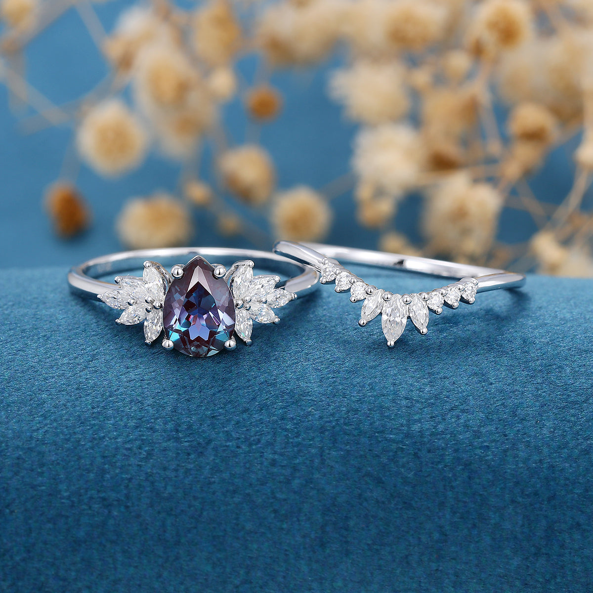 Pear Cut Alexandrite Engagement ring Bridal Set 