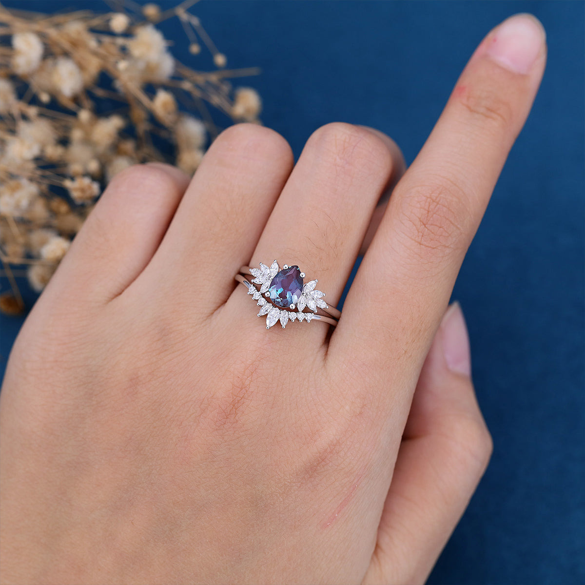 Pear Cut Alexandrite Engagement ring Bridal Set 