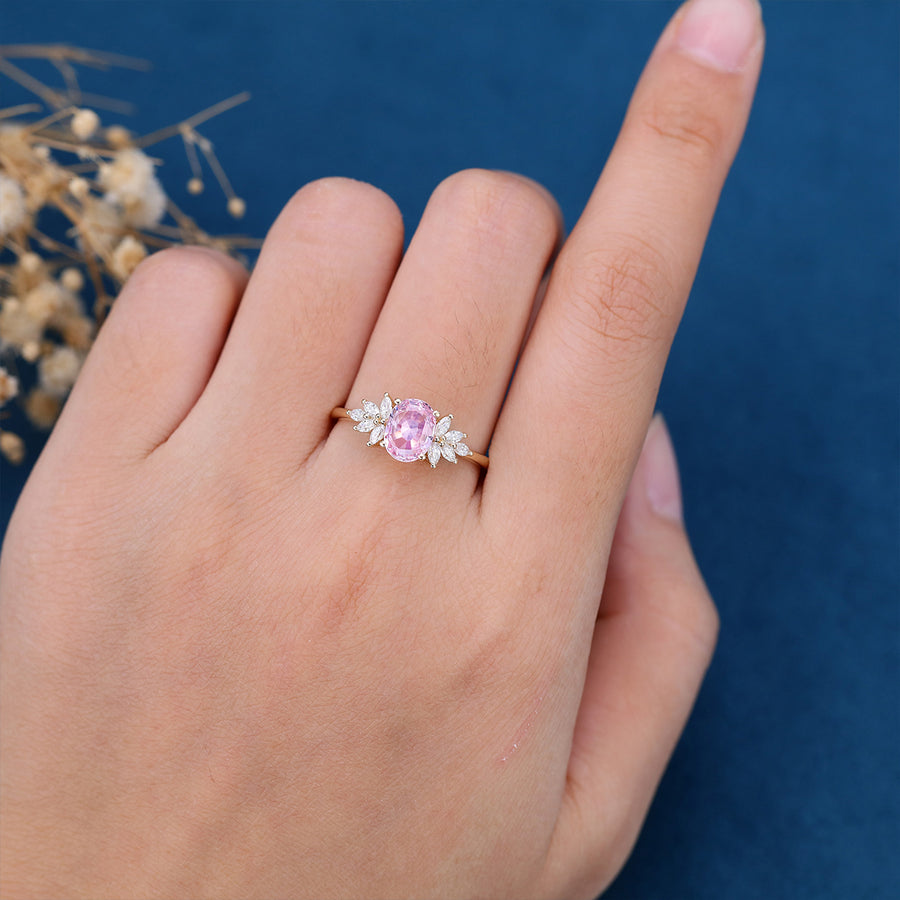 Oval cut Pink Sapphire Cluster Engagement ring 