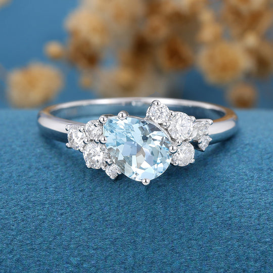 Pear cut Aquamarine Cluste Engagement ring Bridal Set 