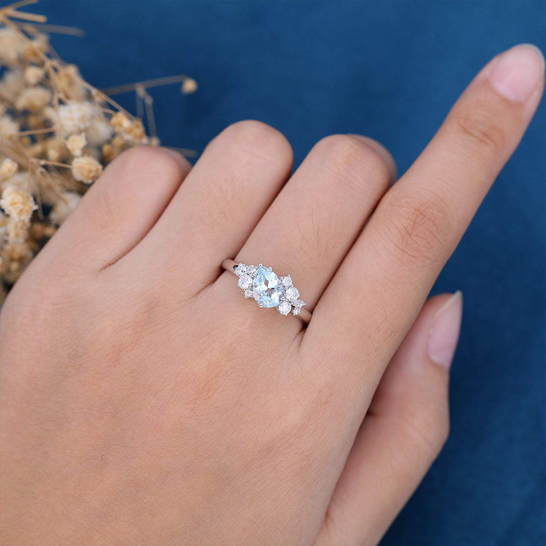 Pear cut Aquamarine Cluste Engagement ring Bridal Set