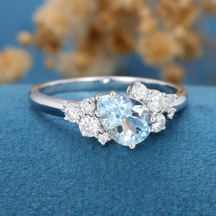 Pear cut Aquamarine Cluste Engagement ring Bridal Set 