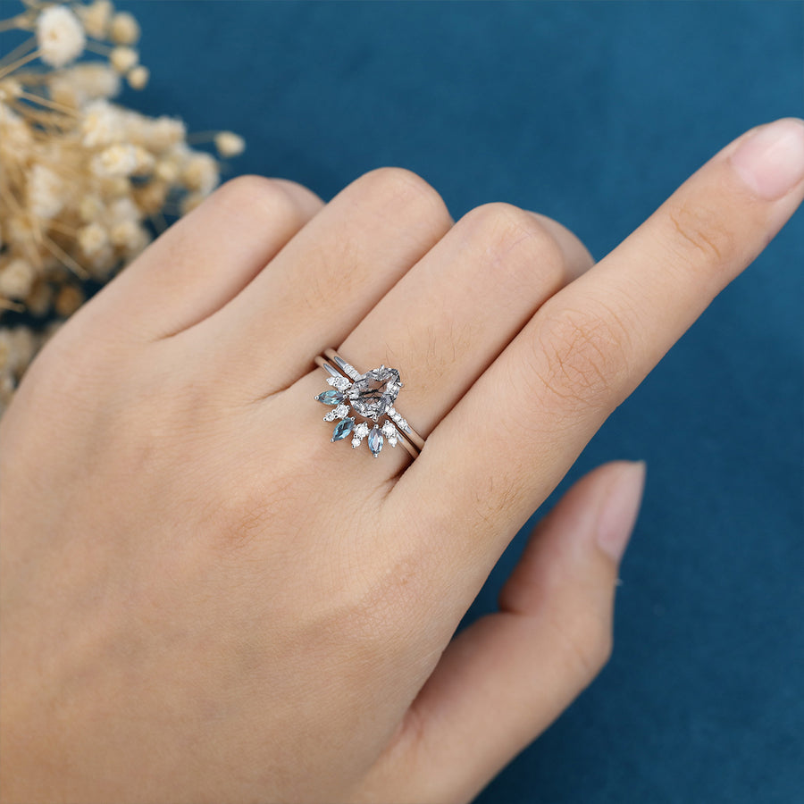 Pear cut Black Quartz | Diamond | Alexandrite Engagement Bridal Set 