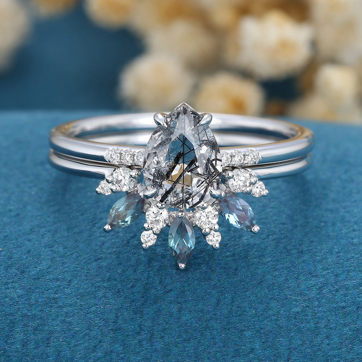 Pear cut Black Quartz | Diamond | Alexandrite Engagement Bridal Set 