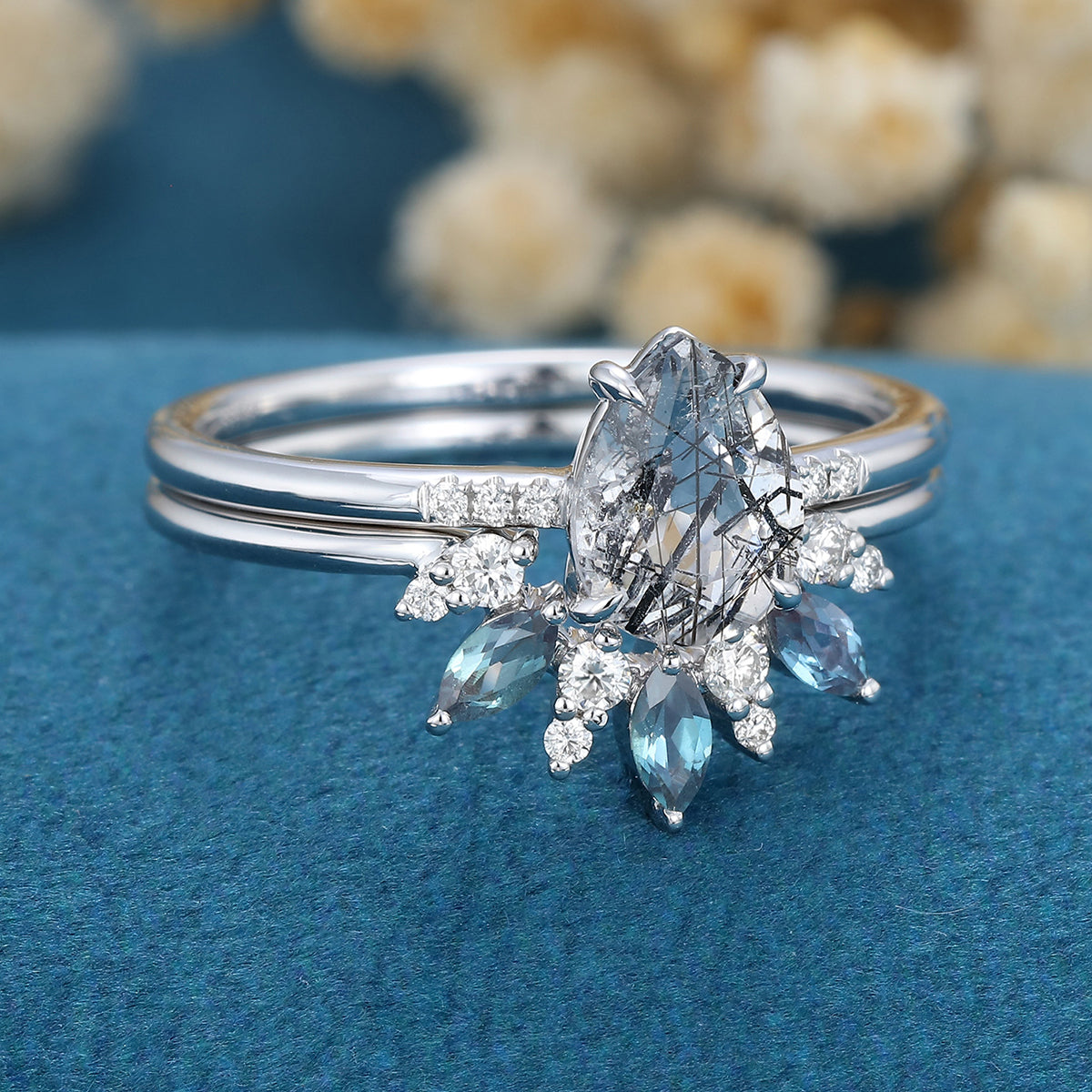 Pear cut Black Quartz | Diamond | Alexandrite Engagement Bridal Set 