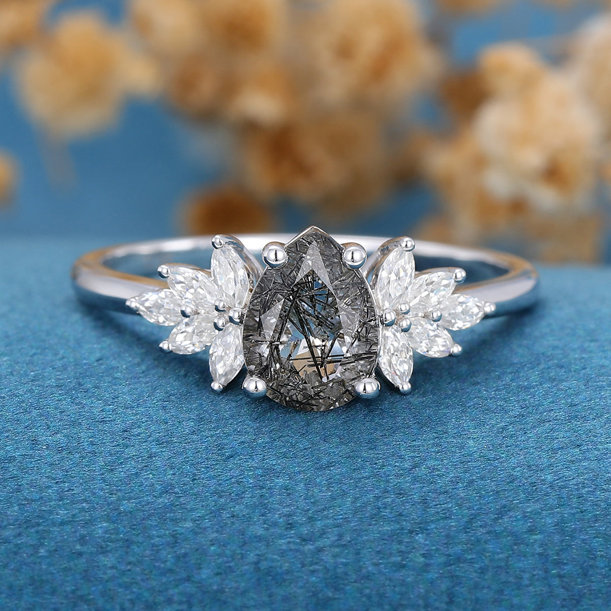 Pear cut Black Rutilated Quartz Cluster Engagement ring 