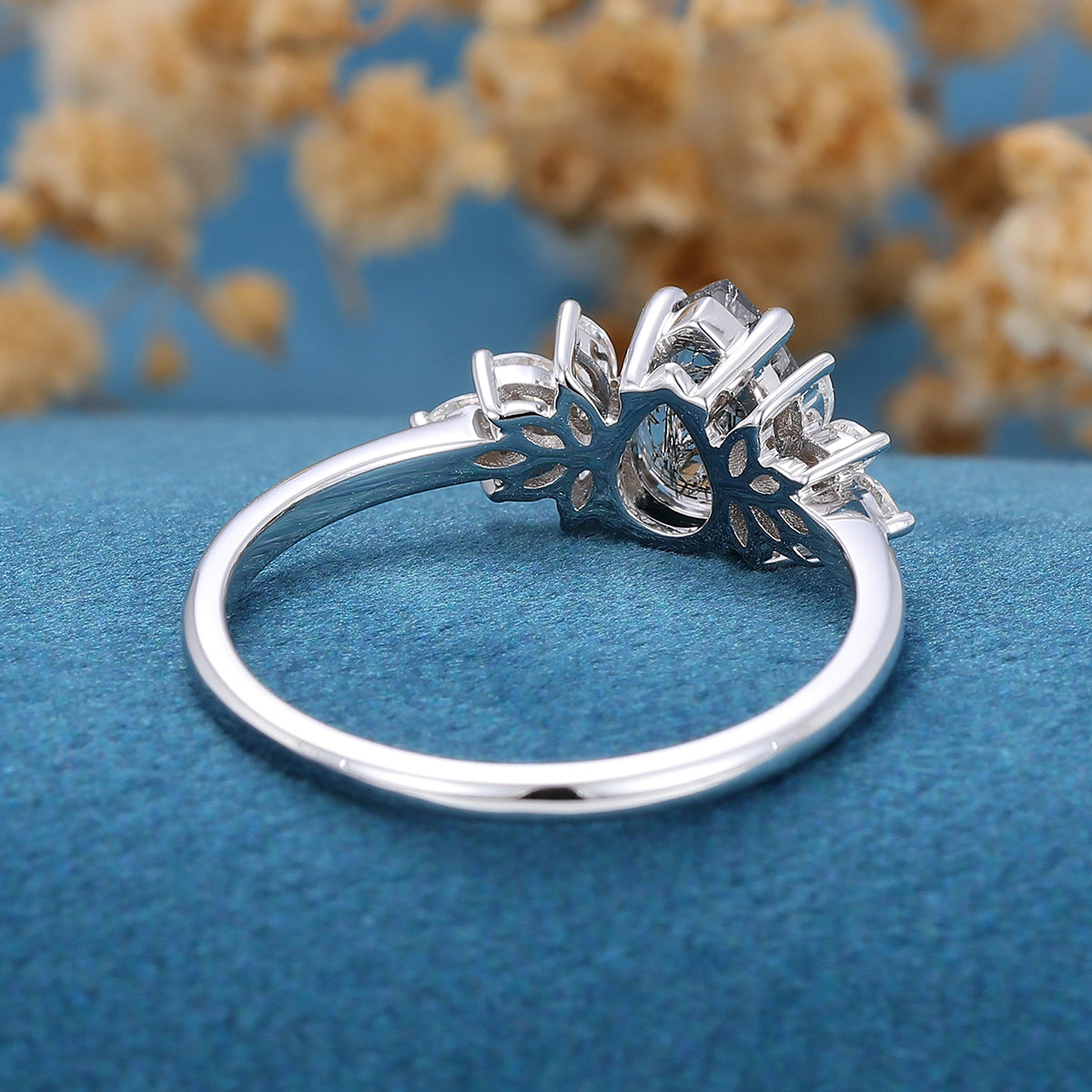 Pear cut Black Rutilated Quartz Cluster Engagement ring 