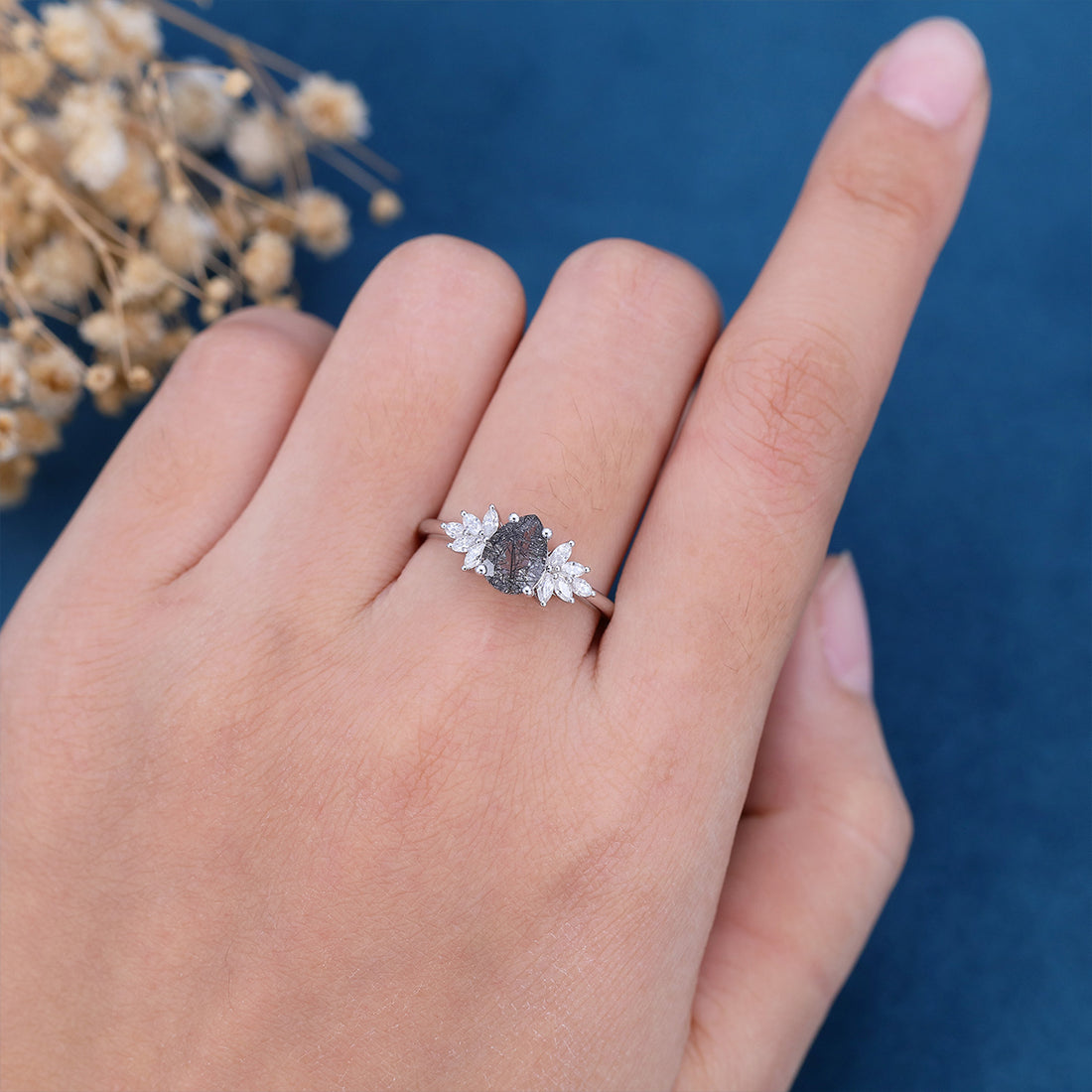 Pear cut Black Rutilated Quartz Cluster Engagement ring