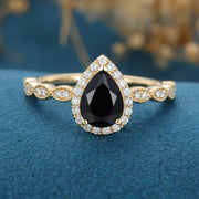 Pear cut Black Onyx  Engagement ring Bridal Set 