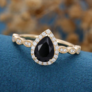 Pear cut Black Onyx  Engagement ring Bridal Set 