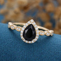 Pear cut Black Onyx  Engagement ring Bridal Set 