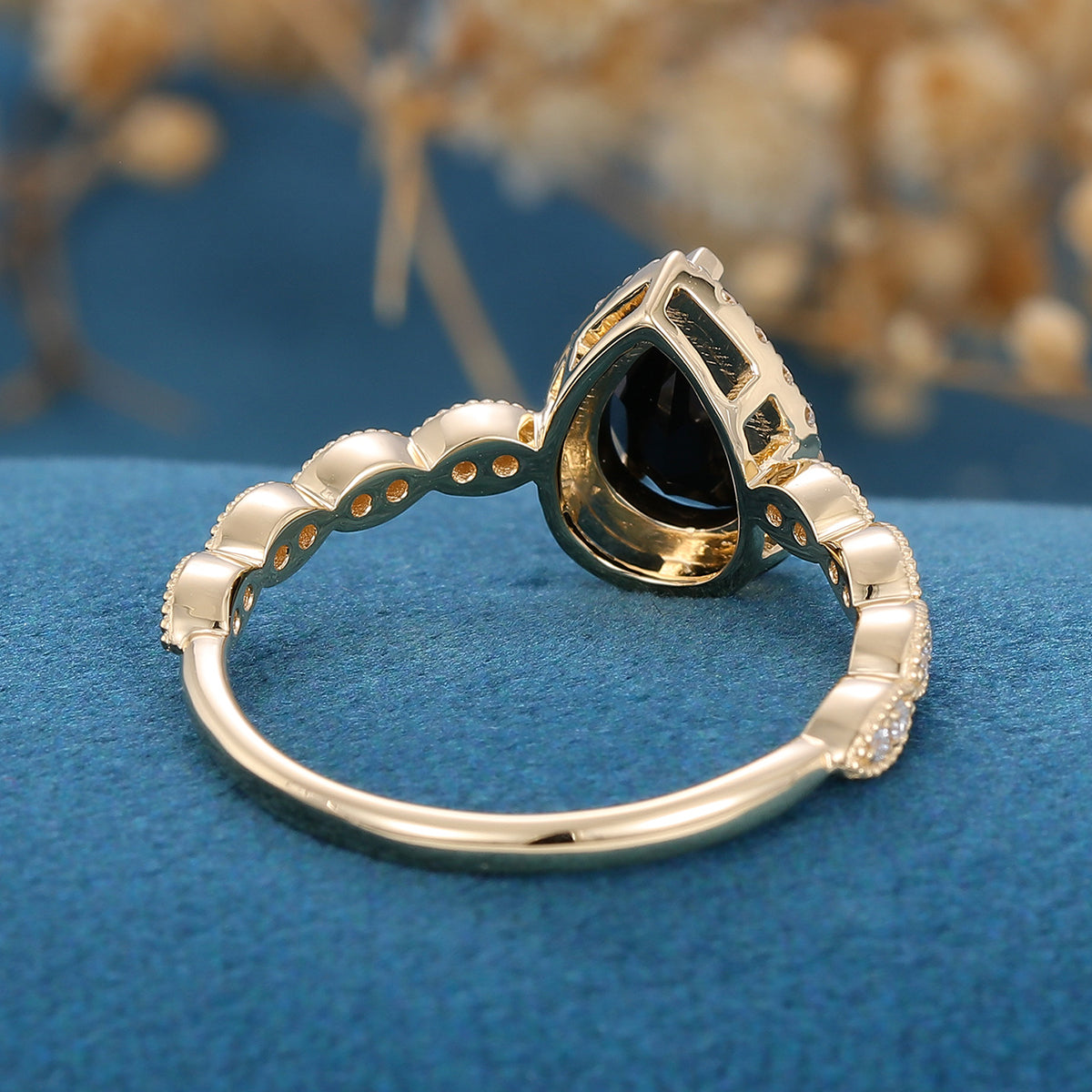 Pear cut Black Onyx  Engagement ring Bridal Set 