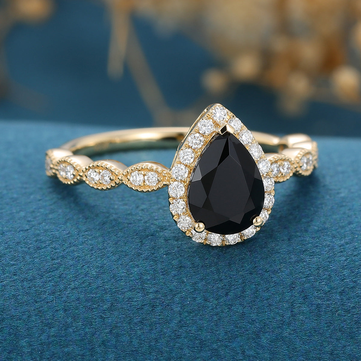 Pear cut Black Onyx  Engagement ring Bridal Set 