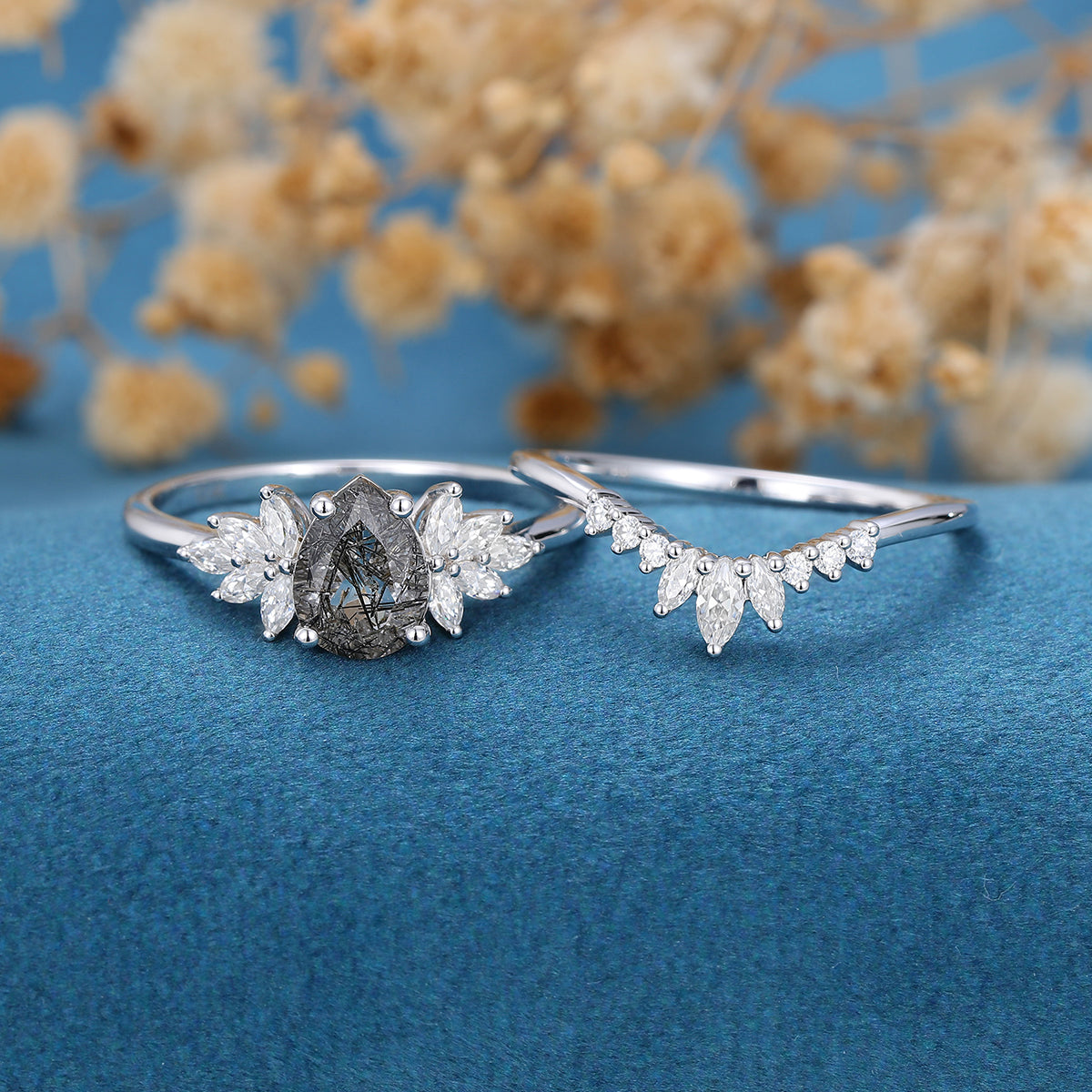 Pear cut Black Rutilated Cluster Engagement ring Bridal Set 
