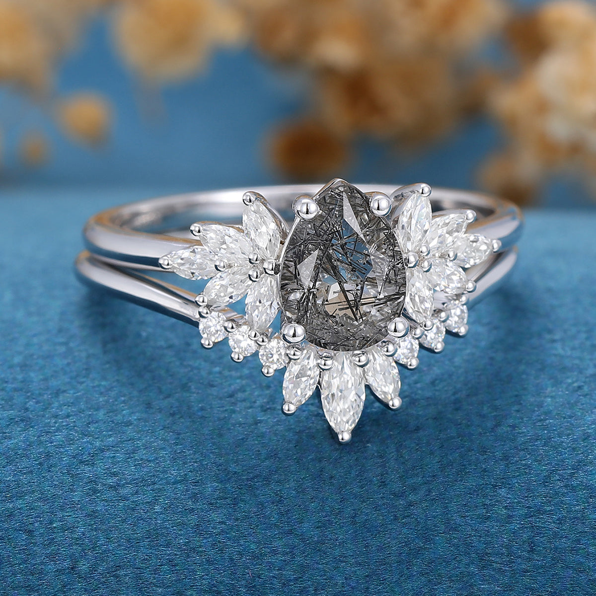 Pear cut Black Rutilated Cluster Engagement ring Bridal Set 