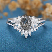 Pear cut Black Rutilated Cluster Engagement ring Bridal Set 