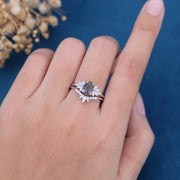 Pear cut Black Rutilated Cluster Engagement ring Bridal Set 