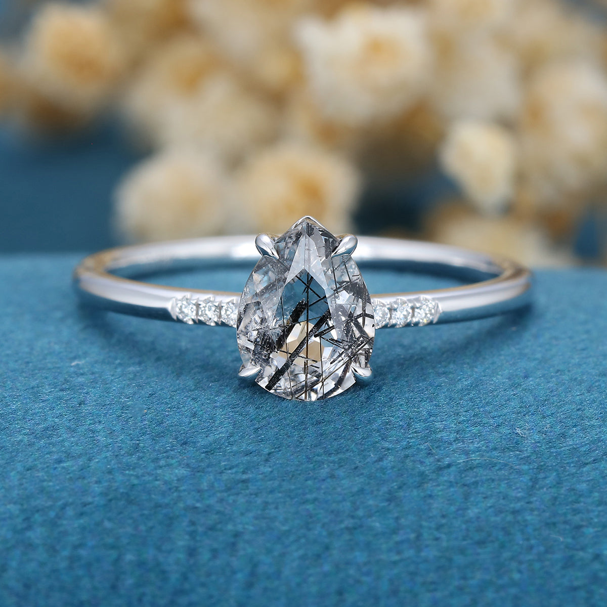 Pear cut Black Rutilated Quartz Engagement ring 