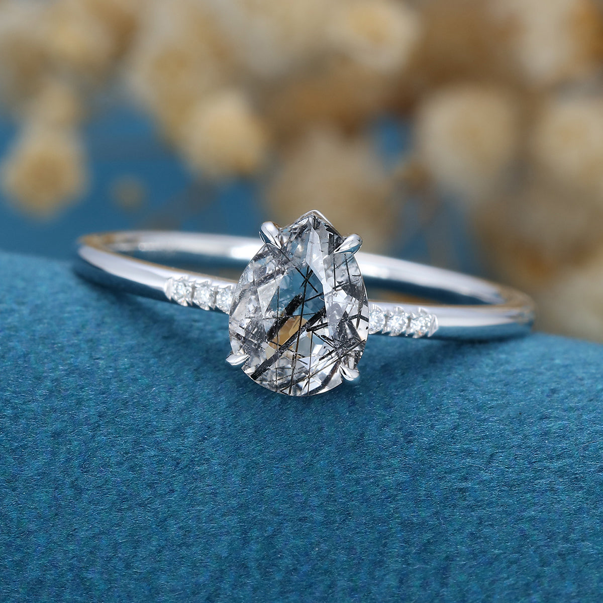 Pear cut Black Rutilated Quartz Engagement ring 