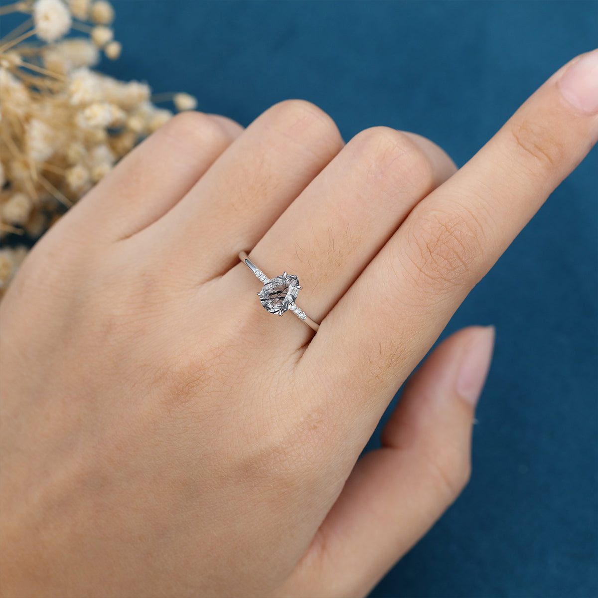 Pear cut Black Rutilated Quartz Engagement ring 