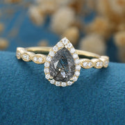Pear Black Rutilated Quartz Halo Diamond Half Eternity Engagement ring 