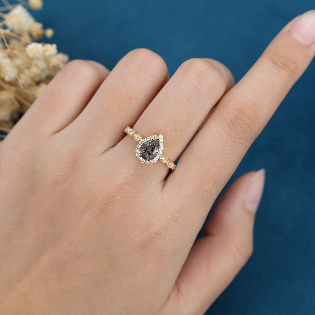 Pear Black Rutilated Quartz Halo Diamond Half Eternity Engagement ring