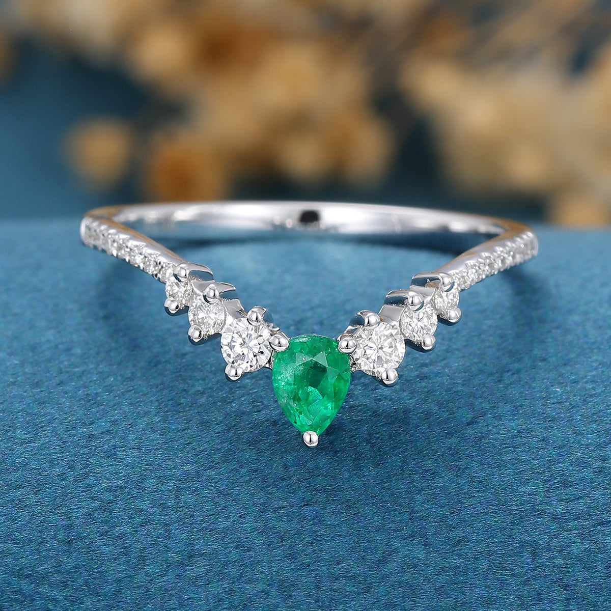 Pear shaped Emerald | half eternity moissanite Curved Wedding Band Ring 