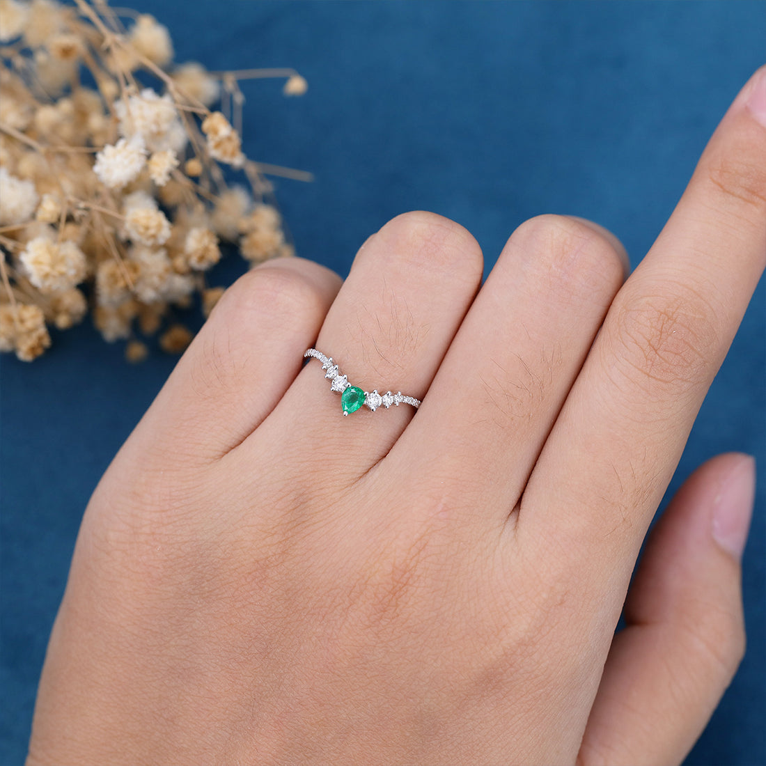 Pear shaped Emerald | half eternity moissanite Curved Wedding Band Ring