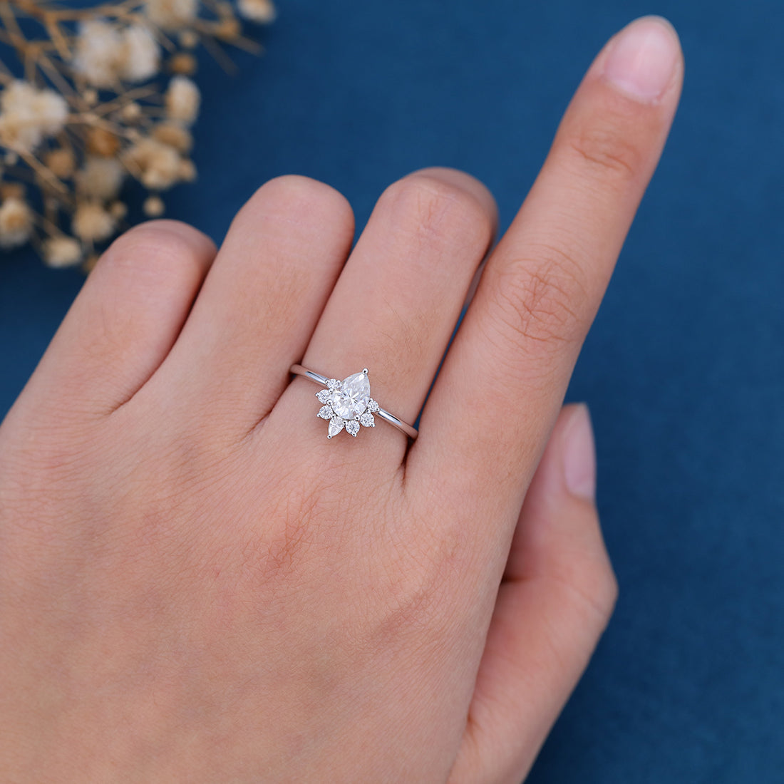 Pear cut Moissanite Halo Engagement ring