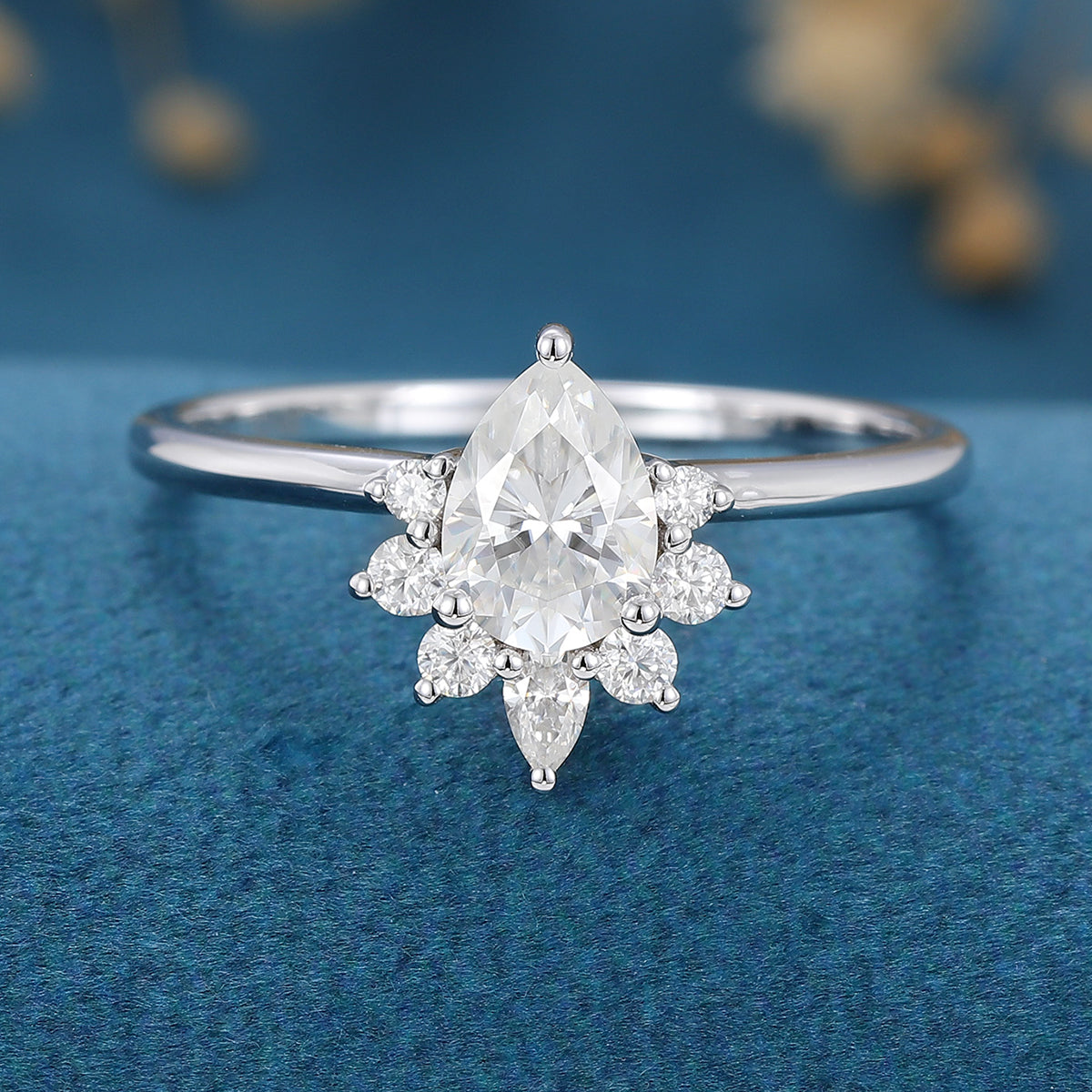 Pear cut Moissanite Halo Engagement ring 