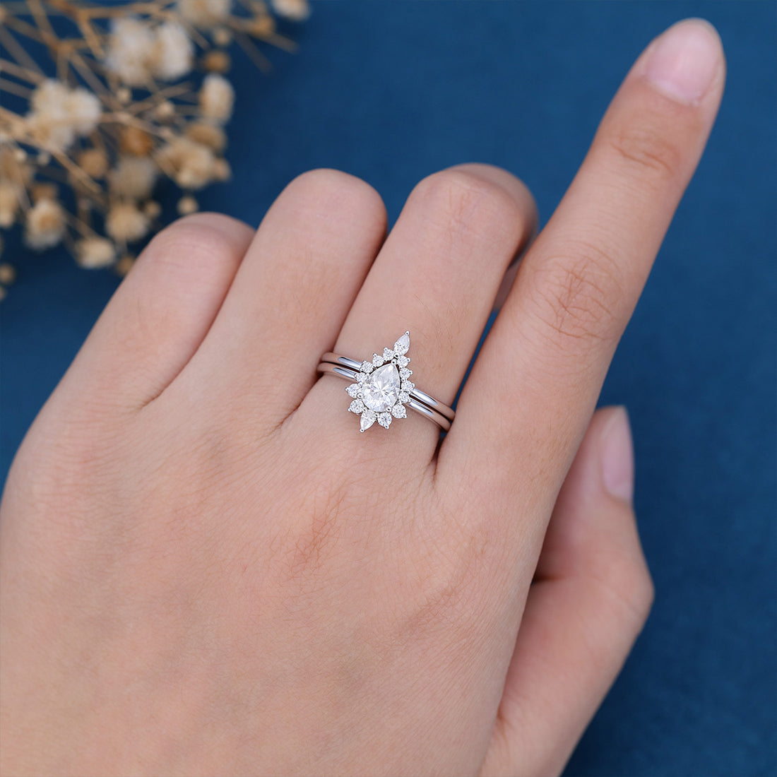 Pear cut Halo Engagement ring Bridal Set
