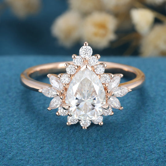 Pear cut Moissanite Cluster |  Halo Engagement Ring 