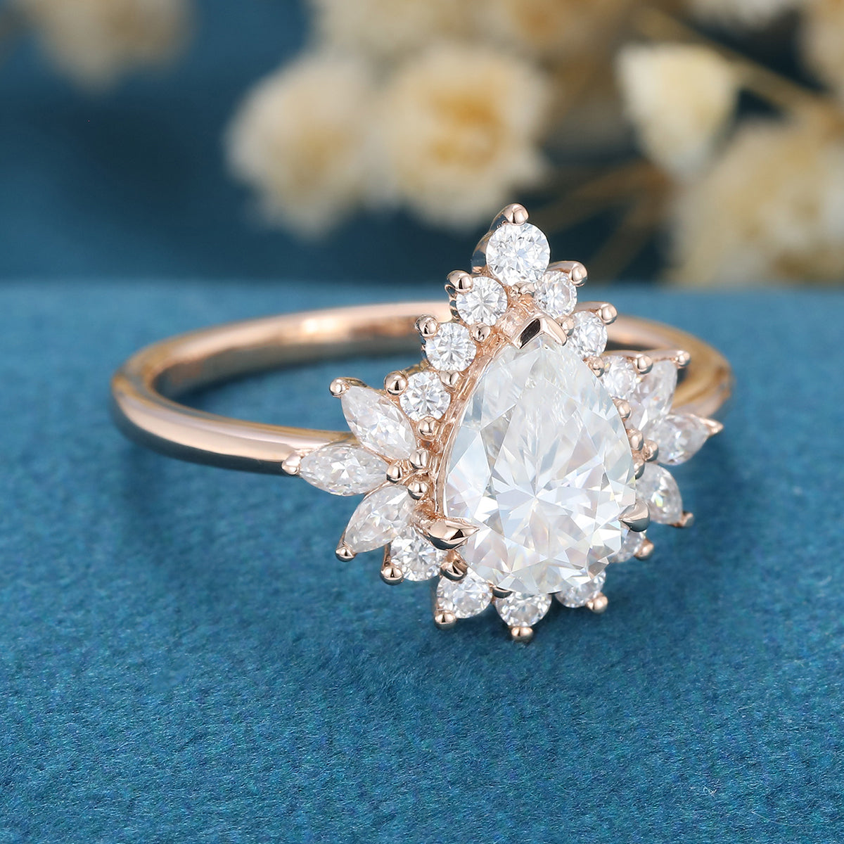 Pear cut Moissanite Cluster |  Halo Engagement Ring 
