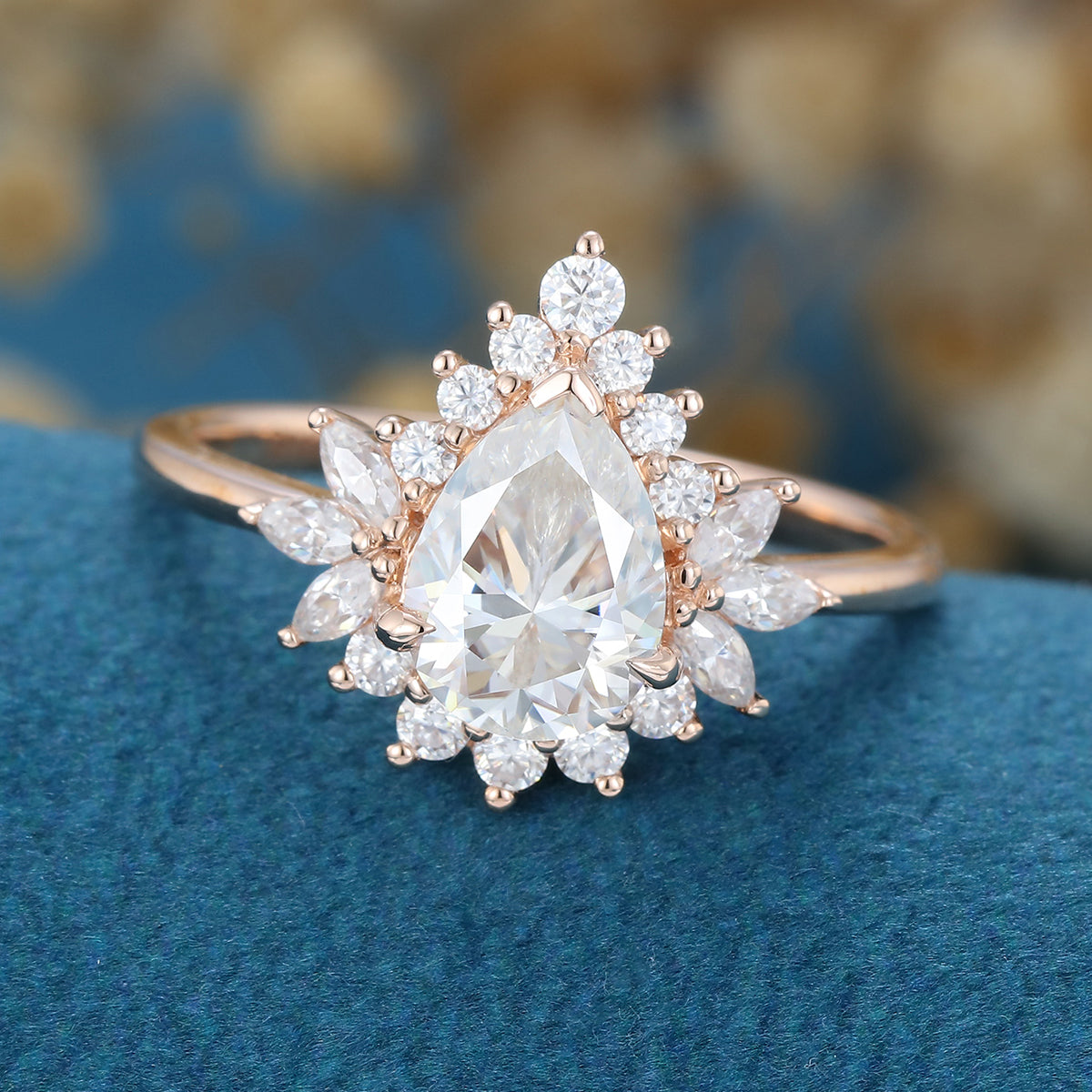 Pear cut Moissanite Cluster |  Halo Engagement Ring 