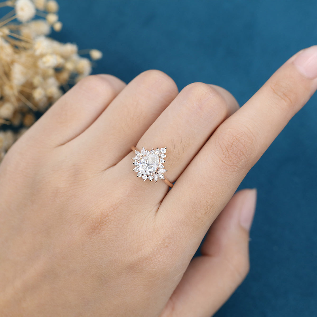Pear cut Moissanite Cluster |  Halo Engagement Ring 